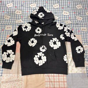Denim Tears Black And White Hooded Sweatshirt With A White Floral Pattern